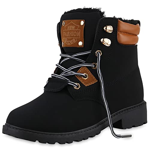 VAN HILL Damen Gefütterte Worker Boots Stiefeletten Blockabsatz Schuhe Bequeme Outdoor Kunstfell Booties Profilsohle Schnürer 208986 Schwarz Hellbraun 36 von VAN HILL