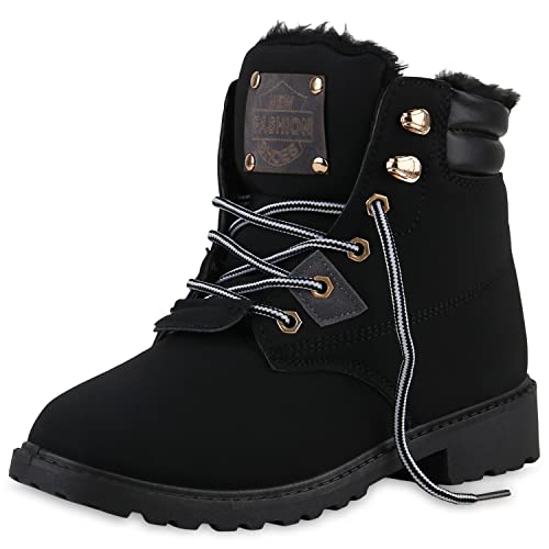 VAN HILL Damen Gefütterte Worker Boots Stiefeletten Blockabsatz Schuhe Bequeme Outdoor Kunstfell Booties Profilsohle Schnürer 208987 Schwarz Grau 37 von VAN HILL