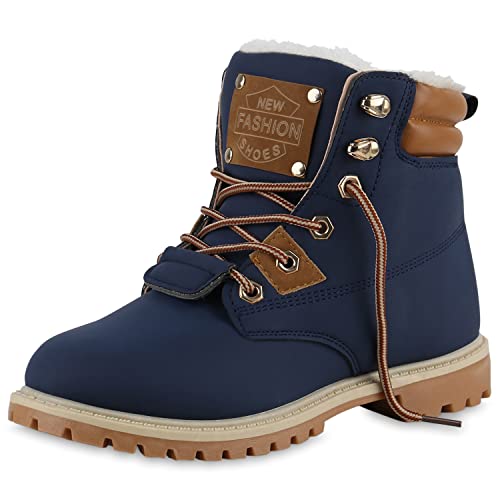 VAN HILL Damen Gefütterte Worker Boots Stiefeletten Blockabsatz Schuhe Bequeme Outdoor Kunstfell Booties Profilsohle Schnürer 208988 Dunkelblau Hellbraun 36 von VAN HILL