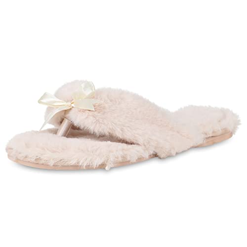 VAN HILL Damen Hausschuhe Warm Gefütterte Sandalen Zehentrenner Schleifen 146615 Creme 40 von VAN HILL