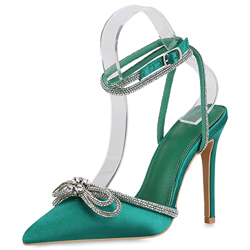 VAN HILL Damen High Heels Pumps Elegante Strass Schuhe Party Stiletto Schleifen Absatzschuhe Spitze Satin-Optik Abendschuhe 210770 Grün Satinoptik 38 von VAN HILL