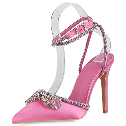 VAN HILL Damen High Heels Pumps Elegante Strass Schuhe Party Stiletto Schleifen Absatzschuhe Spitze Satin-Optik Abendschuhe 210772 Pink Satinoptik 39 von VAN HILL