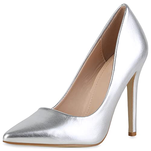 VAN HILL Damen High Heels Pumps Party Schuhe Stiletto Leder-Optik Partyschuhe Elegante Freizeit Absatzschuhe 210741 Silber 40 von VAN HILL