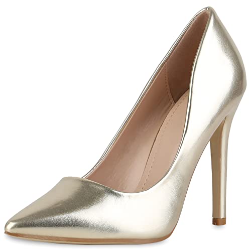 VAN HILL Damen High Heels Pumps Party Schuhe Stiletto Leder-Optik Partyschuhe Elegante Freizeit Absatzschuhe 210742 Gold 37 von VAN HILL