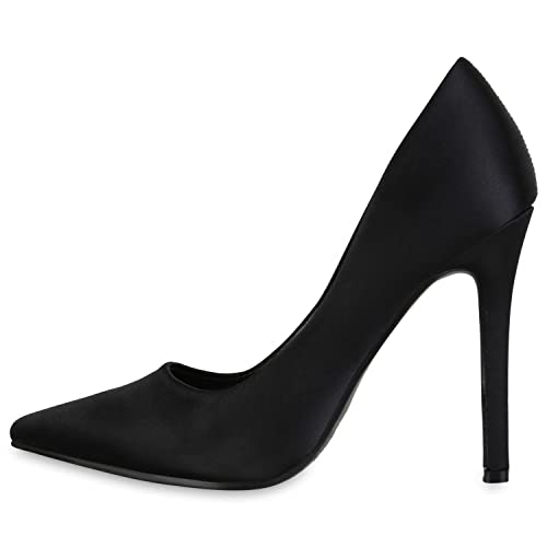 VAN HILL Damen High Heels Pumps Party Stiletto Schuhe Spitze Satin-Optik Absatzschuhe Elegante Freizeit Abendschuhe 210747 Schwarz 36 von VAN HILL