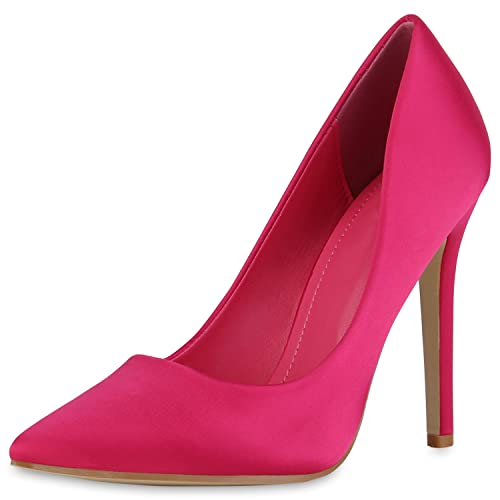 VAN HILL Damen High Heels Pumps Party Stiletto Schuhe Spitze Satin-Optik Absatzschuhe Elegante Freizeit Abendschuhe 210748 Fuchsia 37 von VAN HILL