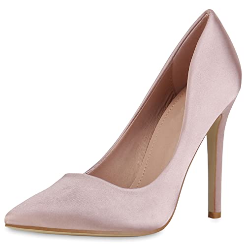 VAN HILL Damen High Heels Pumps Party Stiletto Schuhe Spitze Satin-Optik Absatzschuhe Elegante Freizeit Abendschuhe 210749 Beige 41 von VAN HILL