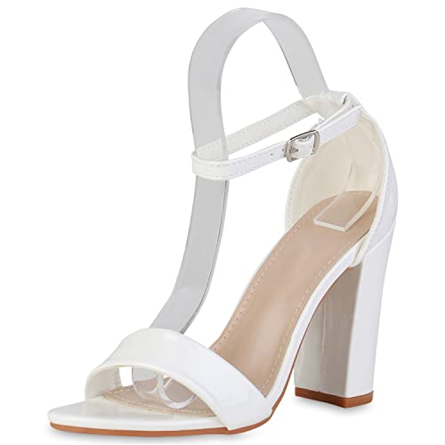 VAN HILL Damen High Heels Sandaletten Blockabsatz Schuhe Party Absatzschuhe Lack Kunstleder Riemchensandaletten 202685 Weiss Lack 39 von VAN HILL