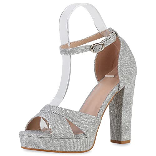 VAN HILL Damen High Heels Sandaletten Glitzer Schuhe Blockabsatz Party Absatzschuhe Plateau Vorne Abendschuhe 210504 Silber 39 von VAN HILL