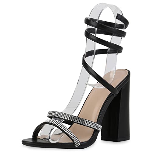 VAN HILL Damen High Heels Sandaletten Party Blockabsatz Schuhe Elegante Strass Absatzschuhe Abendschuhe 211346 Schwarz 38 von VAN HILL