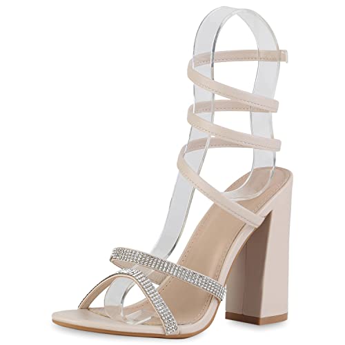 VAN HILL Damen High Heels Sandaletten Party Blockabsatz Schuhe Elegante Strass Absatzschuhe Abendschuhe 211348 Beige 38 von VAN HILL