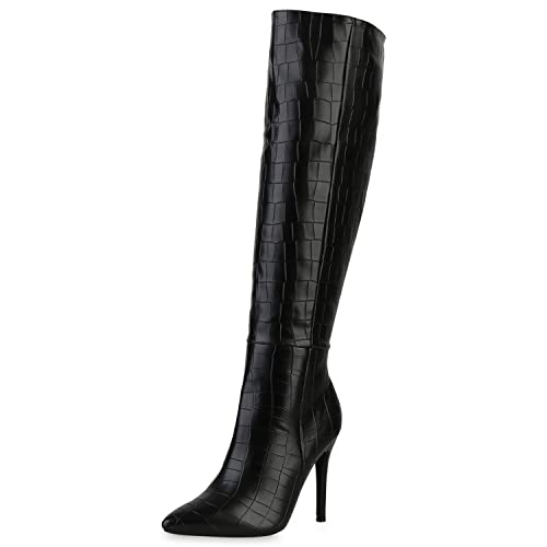 VAN HILL Damen High Heels Stiefel Freizeit Schuhe Kroko Stiletto Boots Spitze Leder-Optik Kurzschaft-Stiefel 208744 Schwarz Kroko 41 von VAN HILL