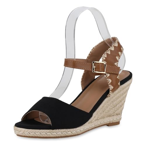 VAN HILL Damen Keilsandaletten Keilabsatz Bast Trendy Schuhe 215098 Schwarz 38 von VAN HILL