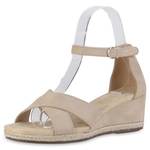 VAN HILL Damen Keilsandaletten Keilabsatz Bast Trendy Schuhe 215189 Beige Velours 39 von VAN HILL