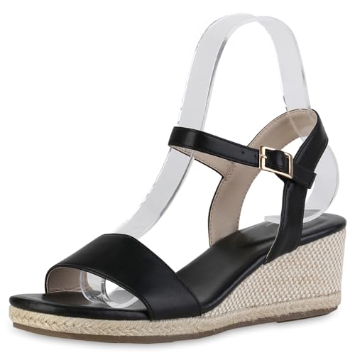 VAN HILL Damen Keilsandaletten Keilabsatz Bast Trendy Schuhe 215192 Schwarz 38 von VAN HILL