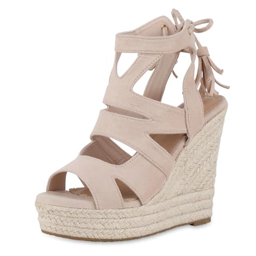 VAN HILL Damen Keilsandaletten Keilabsatz Bast Trendy Schuhe 216179 Beige 41 von VAN HILL