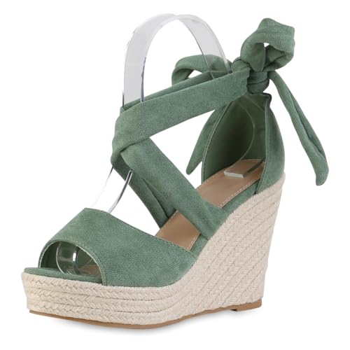 VAN HILL Damen Keilsandaletten Keilabsatz Bast Trendy Schuhe 216976 Grün 37 von VAN HILL