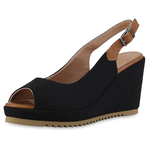 VAN HILL Damen Keilsandaletten Keilabsatz Plateau Vorne Trendy Schuhe 216742 Schwarz 36 von VAN HILL