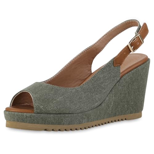 VAN HILL Damen Keilsandaletten Keilabsatz Plateau Vorne Trendy Schuhe 216744 Grün 37 von VAN HILL