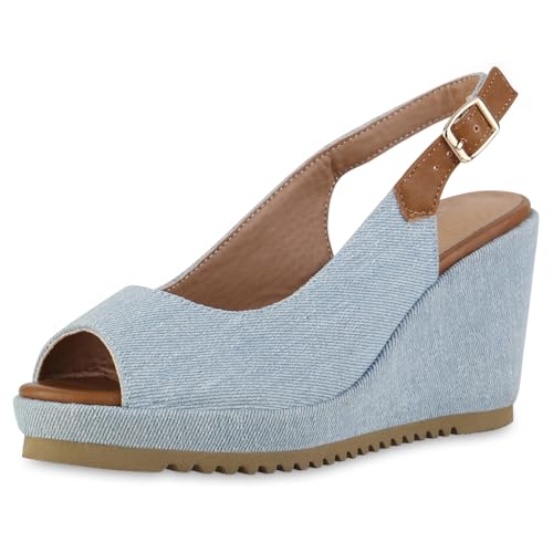 VAN HILL Damen Keilsandaletten Keilabsatz Plateau Vorne Trendy Schuhe 216745 Hellblau Denim 41 von VAN HILL