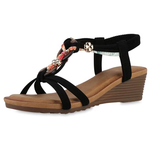 VAN HILL Damen Keilsandaletten Keilabsatz Prints Trendy Schuhe 217461 Schwarz 39 von VAN HILL
