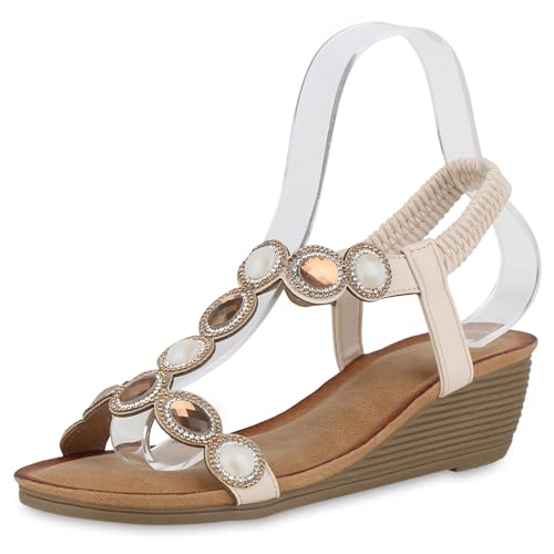 VAN HILL Damen Keilsandaletten Keilabsatz Strass Trendy Schuhe 214482 Beige 39 von VAN HILL