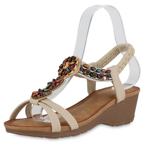 VAN HILL Damen Keilsandaletten Keilabsatz Zierperlen Trendy Schuhe 215694 Beige 39 von VAN HILL