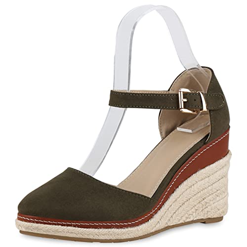 VAN HILL Damen Keilsandaletten Sandaletten Keilabsatz Plateau Vorne Schuhe Bast Sommersandaletten Freizeit Profilsohle Wedges 211109 Olivgrün 40 von VAN HILL