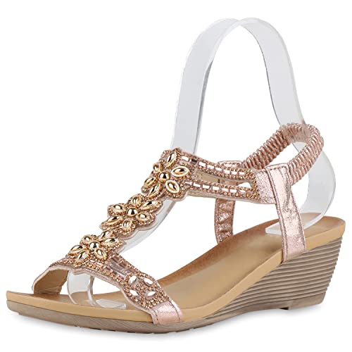 VAN HILL Damen Keilsandaletten Sandaletten Keilabsatz Schuhe Strass Wedges Cut-Outs Freizeit Sommersandaletten 211011 Rose Gold 36 von VAN HILL