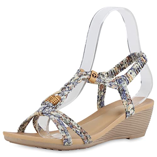 VAN HILL Damen Keilsandaletten Sandaletten Keilabsatz Schuhe Zierperlen Sommersandaletten Gummizug Freizeit Wegdes 211078 Hellgrün Hellblau Metallic 36 von VAN HILL