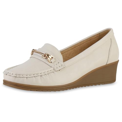 VAN HILL Damen Keilslippers Keilabsatz Profilsohle Trendy Schuhe 217046 Beige 38 von VAN HILL