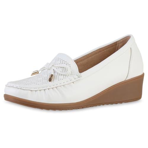 VAN HILL Damen Keilslippers Keilabsatz Schleifen Bequem Schuhe 217033 Weiss 41 von VAN HILL