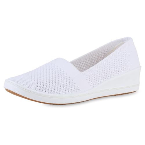 VAN HILL Damen Keilslippers Keilabsatz Strick Bequem Schuhe 216949 Weiss 41 von VAN HILL