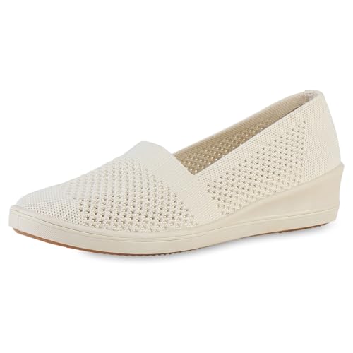 VAN HILL Damen Keilslippers Keilabsatz Strick Bequem Schuhe 216950 Beige 38 von VAN HILL