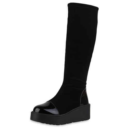 VAN HILL Damen Keilstiefel Keilabsatz Lack Trendy Schuhe 216017 Schwarz Lack 41 von VAN HILL