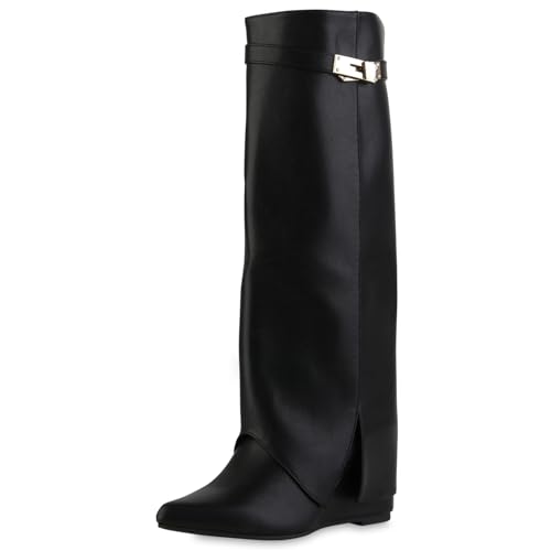 VAN HILL Damen Keilstiefel Keilabsatz Schnallen Trendy Schuhe 217545 Schwarz 38 von VAN HILL