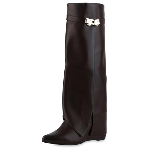 VAN HILL Damen Keilstiefel Keilabsatz Schnallen Trendy Schuhe 217546 Burgund 38 von VAN HILL