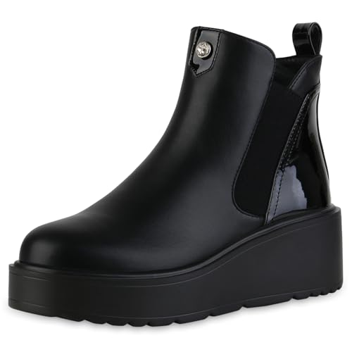 VAN HILL Damen Keilstiefeletten Keilabsatz Lack Trendy Schuhe 216207 Schwarz Lack PU 40 von VAN HILL