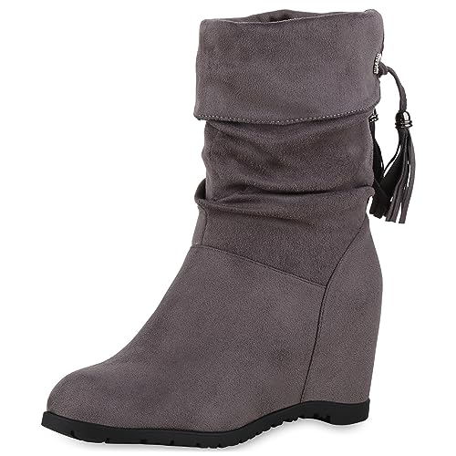 VAN HILL Damen Keilstiefeletten Keilabsatz Quasten Trendy Schuhe 213452 Grau 39 von VAN HILL