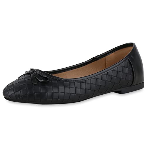 VAN HILL Damen Klassische Ballerinas Bequeme Leder-Optik Schuhe Flache Schleifen Freizeitschuhe 210596 Schwarz 38 von VAN HILL