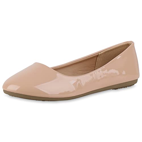 VAN HILL Damen Klassische Ballerinas Flache Freizeit Schuhe Elegante Slip Ons Lack Slippers Leder-Optik Schlupfschuhe 211178 Beige Lack 39 von VAN HILL