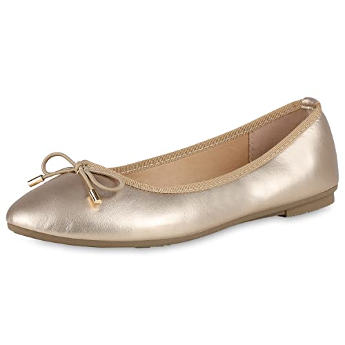 VAN HILL Damen Klassische Ballerinas Flache Kunstleder Schuhe Schleifen Slippers Bequeme Freizeitschuhe Sommerschuhe 203956 Gold 39 von VAN HILL