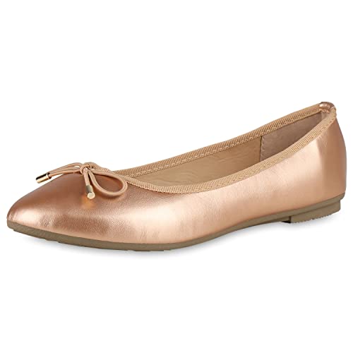 VAN HILL Damen Klassische Ballerinas Flache Kunstleder Schuhe Schleifen Slippers Bequeme Freizeitschuhe Sommerschuhe 203958 Rose Gold 38 von VAN HILL