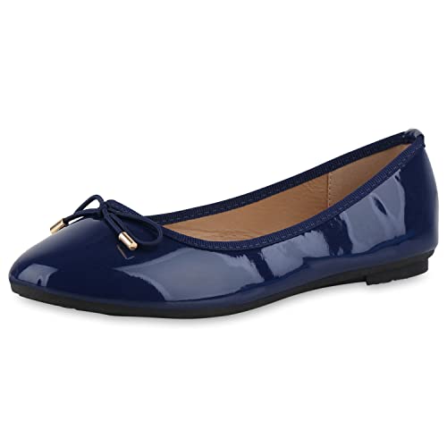 VAN HILL Damen Klassische Ballerinas Kunstleder Schuhe Flache Schleifen Freizeitschuhe Bequeme Sommerschuhe 211654 Dunkelblau Lack 39 von VAN HILL