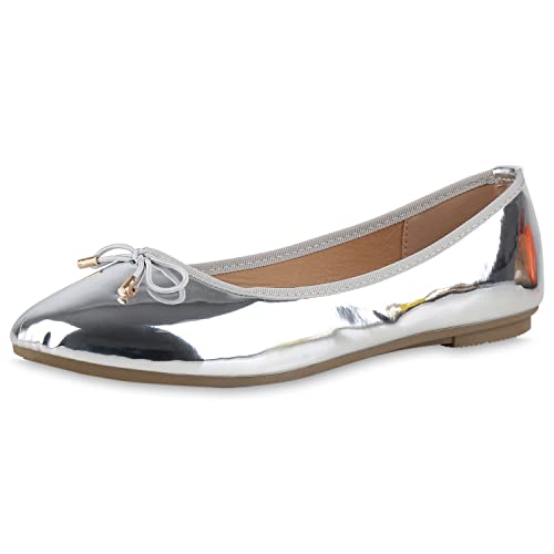 VAN HILL Damen Klassische Ballerinas Kunstleder Schuhe Flache Schleifen Freizeitschuhe Bequeme Sommerschuhe 211902 Silber 36 von VAN HILL