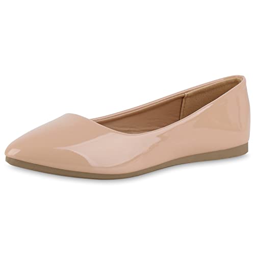 VAN HILL Damen Klassische Ballerinas Lack Schuhe Slippers Flache Slip On Abendschuhe Leder-Optik Freizeit Schlupfschuhe 211150 Beige Lack 42 von VAN HILL