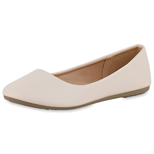 VAN HILL Damen Klassische Ballerinas Leder-Optik Schuhe Flache Leder-Optik Slippers Freizeit Slip Ons Schlupfschuhe 211186 Beige 39 von VAN HILL