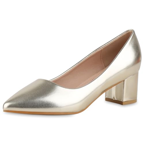 VAN HILL Damen Klassische Pumps Blockabsatz Basic Klassisch Schuhe 213540 Gold 37 von VAN HILL