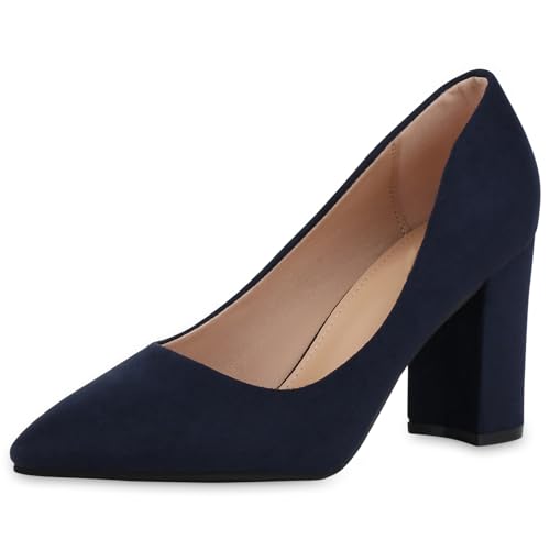 VAN HILL Damen Klassische Pumps Blockabsatz Basic Klassisch Schuhe 213613 Dunkelblau 37 von VAN HILL