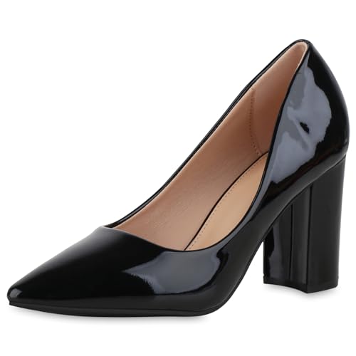 VAN HILL Damen Klassische Pumps Blockabsatz Lack Klassisch Schuhe 213582 Schwarz Lack 40 von VAN HILL